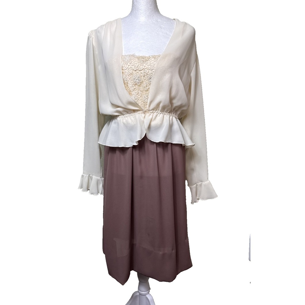 Vintage 80s Norman Berg Dress & Jacket Set Size 9/10 Lace Peplum Cream Brown